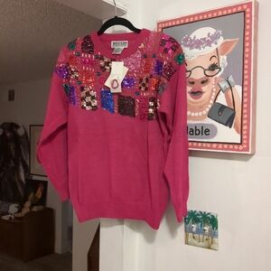 💕 NWT VINTAGE Beads Sequins Sweater Size Medium Pink Purple